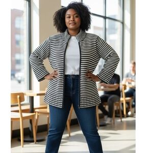 Talbots Navy/White Striped Zipper Front High Neck Cardigan
